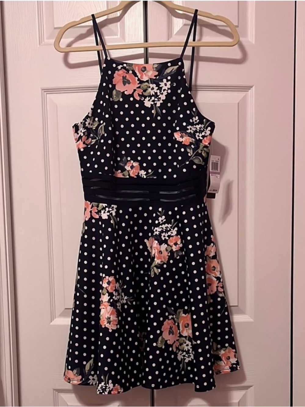 Navy Polka Dot Floral A-Line Dress with Satin Waist